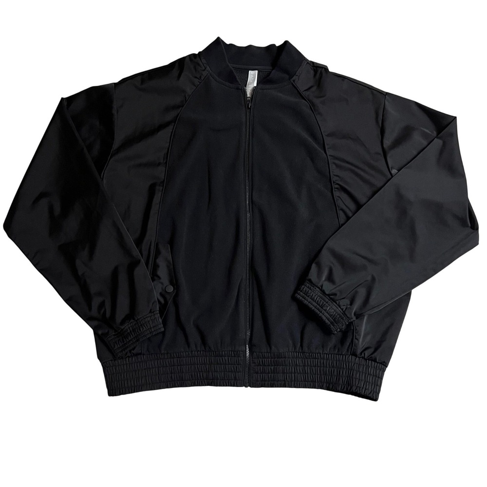 Athleta Womens Black Full Zip Bomber Jacket Fleece Lined Mixed Media‎ Size M